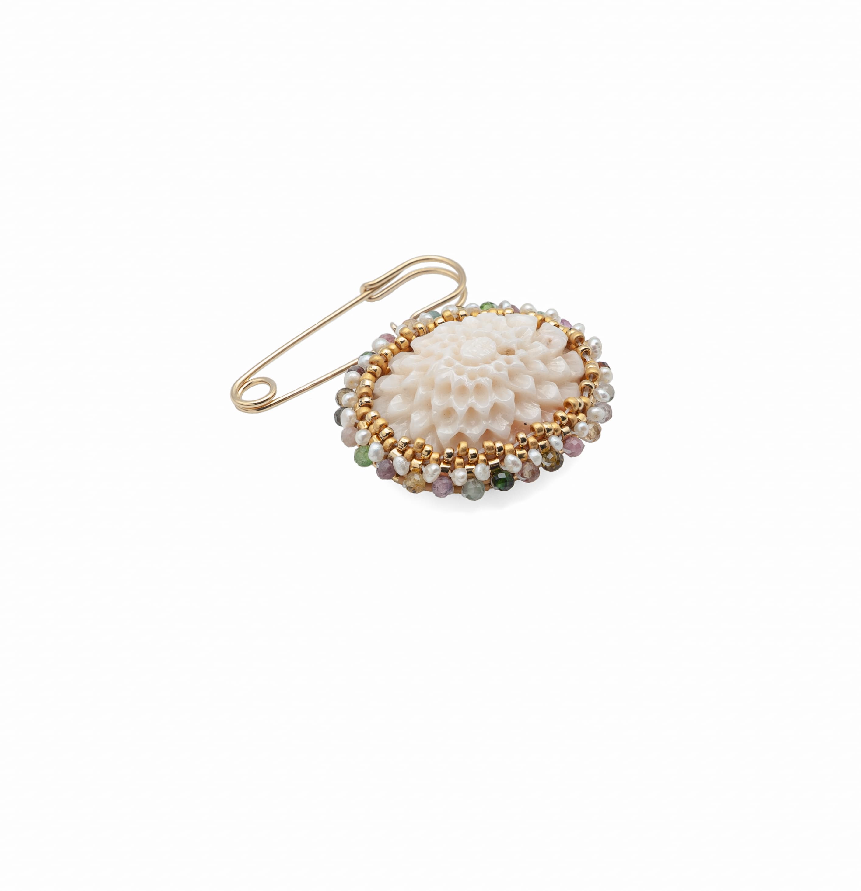 Coral Flower, Tourmaline, & Pearls Brooch
